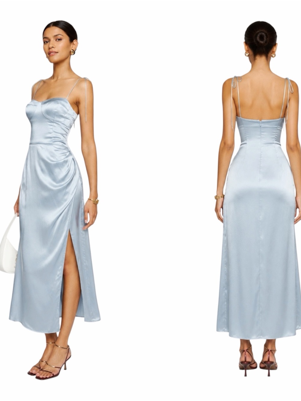 Satin Slip Midi Dress with Side Slit - Light Blue